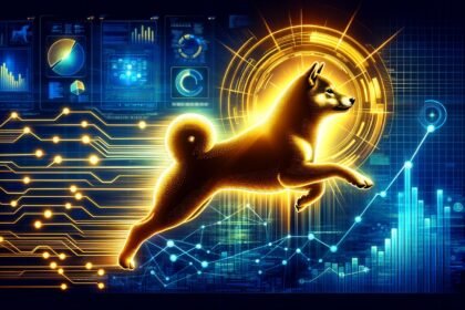 Golden Shiba Inu cryptocurrency symbol breaking through digital resistance with financial charts and crypto metrics