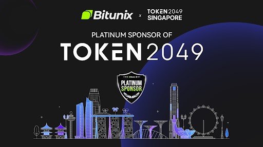 Silueta de ciudad en fondo negro, azul y púrpura con logo de Bitunix y de Token2049 Singapore