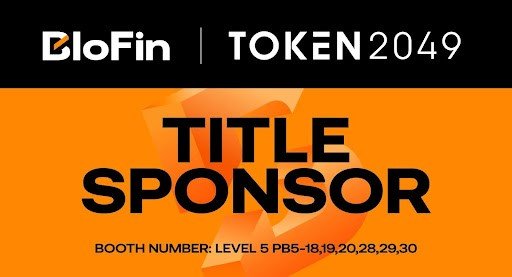 Logos de BloFin y Token2049 en fondo negro y naranja