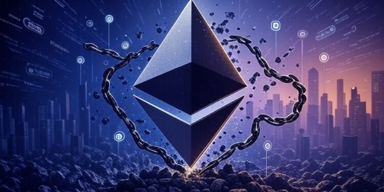 Logo de Ethereum sobre un fondo con detalles morados.