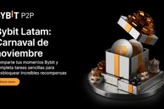 A la derecha, una caja de regalo blanca con lazos dorados y que guarda 2 monedas físicas de Theter. Y a la izquierda, texto blanco promocionando Bybit P2P y el Carnaval de noviembre. Todo sobre un fondo negro.