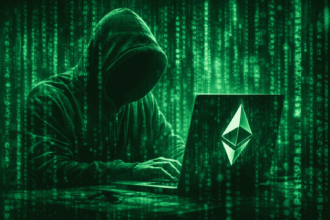 un hacker frente a una laptop que tiene el logo de Ethereum. Todo en tono verde