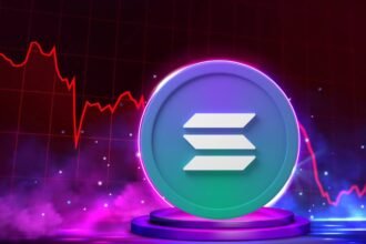 SOL cryptocurrency logo displayed on a glowing pedestal against a dramatic background with a steep red downtrend chart, illustrating the blockchain