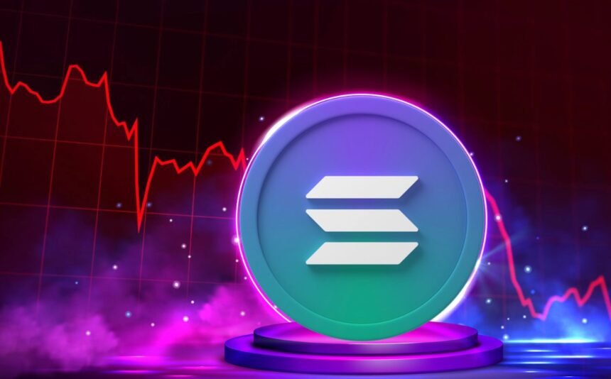 SOL cryptocurrency logo displayed on a glowing pedestal against a dramatic background with a steep red downtrend chart, illustrating the blockchain