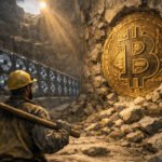 Bitcoin miner facing a massive BTC embedded in rock beside mining rigs, symbolizing 20 million coins mined, growing scarcity, and emerging network security concerns