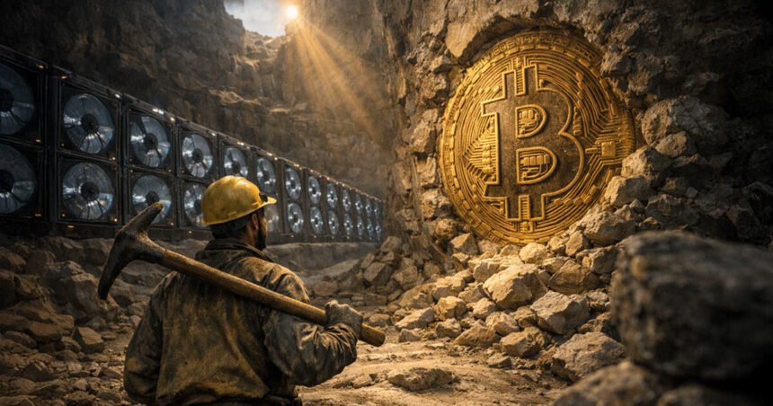 Bitcoin miner facing a massive BTC embedded in rock beside mining rigs, symbolizing 20 million coins mined, growing scarcity, and emerging network security concerns