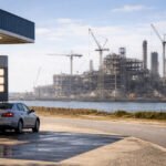Car fueling at a gas station with a large refinery under construction across the water in Brownsville, highlighting questions over how quickly the project can lower gas prices