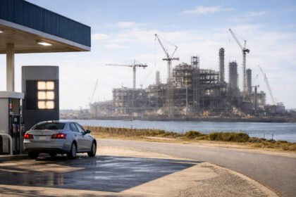 Car fueling at a gas station with a large refinery under construction across the water in Brownsville, highlighting questions over how quickly the project can lower gas prices