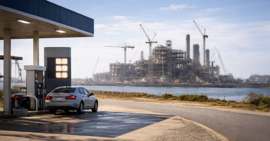 Car fueling at a gas station with a large refinery under construction across the water in Brownsville, highlighting questions over how quickly the project can lower gas prices
