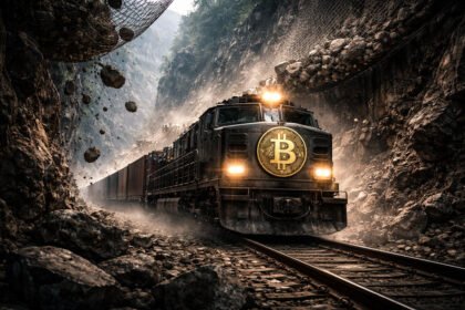 Bitcoin train speeding through a rocky pass under falling debris, symbolizing the $70,000 breakout facing a volatile $75,000 options trap that could trigger a violent market move