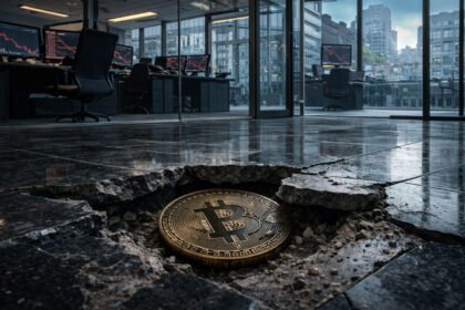 Bitcoin coin sunk into a cracked trading office floor as red market charts flash in the background after the price fell below $70,000