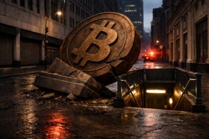 Cracked Bitcoin monument collapsing into a city street near a subway entrance under red emergency lights, illustrating fears of a sharp weekend price drop toward $61,000