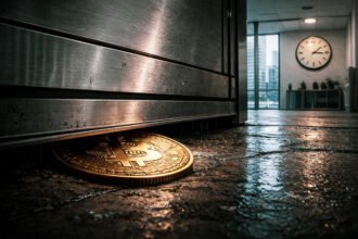 Bitcoin coin pinned beneath a closing metal door in a wet office corridor as a wall clock emphasizes the final minutes before a major options expiry