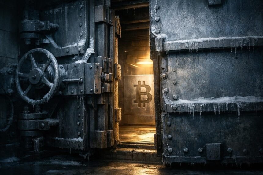 Frozen vault door opening to reveal a glowing Bitcoin, symbolizing regulatory clarity unlocking access and impacting Bitcoin holdings