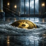 Bitcoin coin sinking in floodwater inside a grand bank hall, symbolizing price dropping below $70,000 after Fed inflation surge and ECB forecast shock