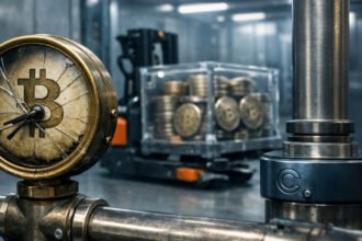 Cracked pressure gauge with a Bitcoin symbol in an industrial facility beside crates of BTC coins, representing market stress after Coinbase’s $69.5B wallet reshuffle disrupted a key Bitcoin bottom indicator
