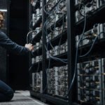 Engineer adjusting Bitcoin mining servers in a data center amid network power struggle over anti-spam proposal and disputed node support