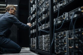 Engineer adjusting Bitcoin mining servers in a data center amid network power struggle over anti-spam proposal and disputed node support