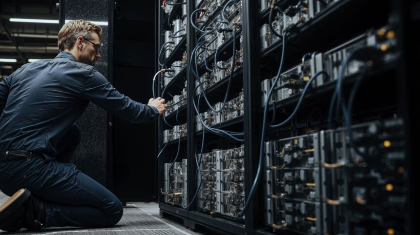 Engineer adjusting Bitcoin mining servers in a data center amid network power struggle over anti-spam proposal and disputed node support