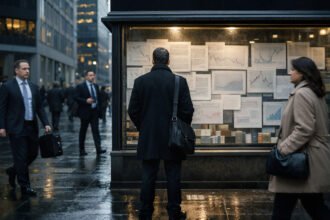Investor studies market charts on a city street as rising US PMI data fuels stagflation fears and creates new pressure on Bitcoin