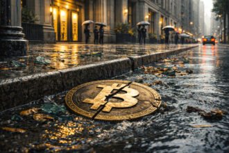 Cracked Bitcoin coin in a rain-soaked curbside gutter outside a financial district building as Wall Street continues on unfazed