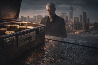 Bitcoin mining scene with a large BTC embedded in rock and industrial rigs in the background, symbolizing Strategy accumulating 66,231 Bitcoin in 68 days as STRC quietly funds the buying surge