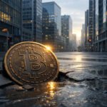 Bitcoin coin resting in a cracked city street at sunrise, reflecting a drop to $65,000 followed by early signs of recovery in the new trading week