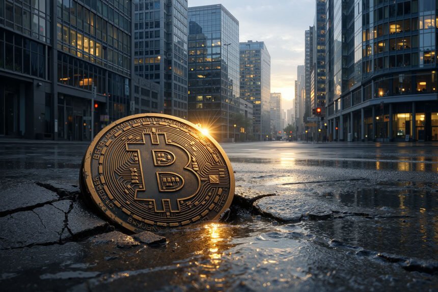 Bitcoin coin resting in a cracked city street at sunrise, reflecting a drop to $65,000 followed by early signs of recovery in the new trading week
