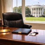 Empty White House office desk and chair overlooking the West Wing lawn, symbolizing the crypto czar’s departure after policy wins for banks and institutions over Bitcoin