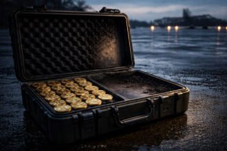 Open case filled with gold Bitcoin coins on wet pavement at dusk, symbolizing the White House claim that the Iran war consumed value equal to half of the US Bitcoin reserve in six days
