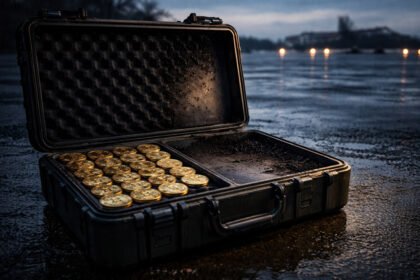 Open case filled with gold Bitcoin coins on wet pavement at dusk, symbolizing the White House claim that the Iran war consumed value equal to half of the US Bitcoin reserve in six days