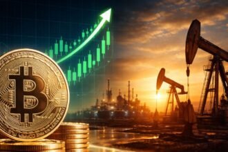 Moneda dorada de bitcoin en primer plano con gráfico de mercado alcista y bombas petroleras.