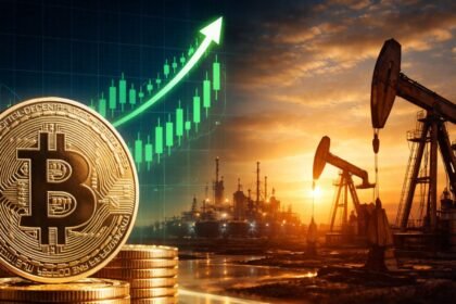 Moneda dorada de bitcoin en primer plano con gráfico de mercado alcista y bombas petroleras.