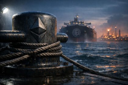 Ethereum logo anchored to a dock as a Bitcoin-marked tanker approaches through turbulent waters, symbolizing Ethereum gaining strength over Bitcoin amid shifting global markets during US-Iran tensions