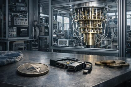 Ethereum hardware wallet and coins in a lab setting, symbolizing the migration battle over wallets, bridges and dormant assets amid quantum risks