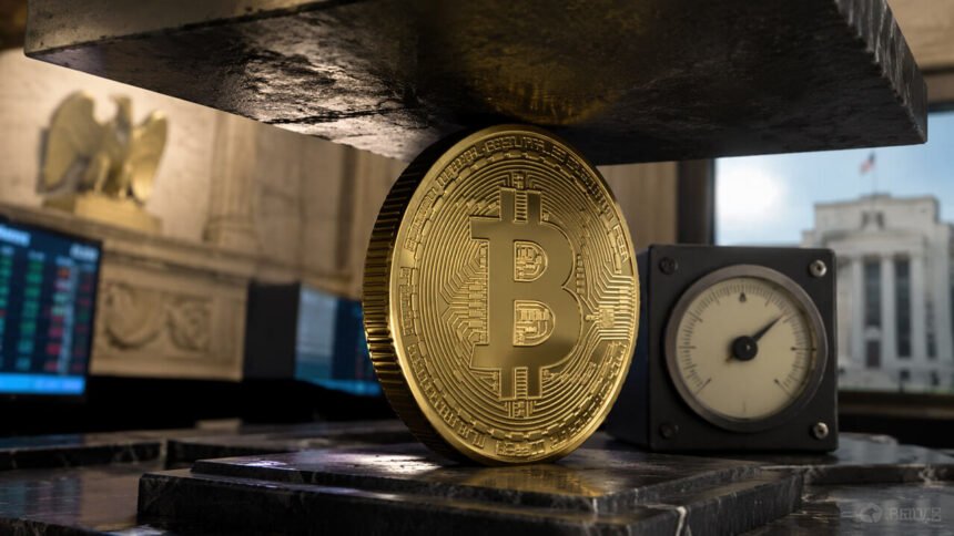 Bitcoin coin pinned beneath a heavy press beside a pressure gauge in a central bank setting, symbolizing Bitcoin’s recovery running into a Fed ceiling without cheaper money