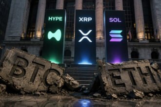 Broken Bitcoin and Ethereum ETF monuments beneath glowing HYPE, XRP, and Solana symbols illustrating investor rotation away from BTC and ETH funds into alternative crypto assets