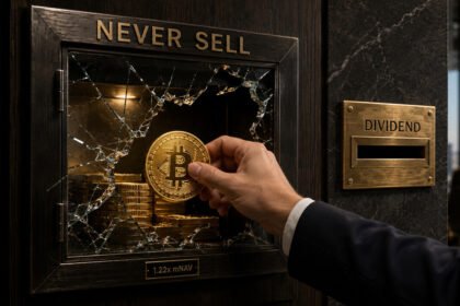 Hand removing a Bitcoin coin from a cracked vault labeled never sell, symbolizing growing pressure on the Bitcoin treasury strategy and weakening market confidence