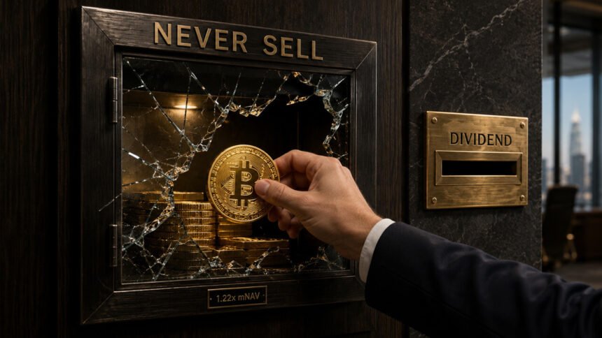 Hand removing a Bitcoin coin from a cracked vault labeled never sell, symbolizing growing pressure on the Bitcoin treasury strategy and weakening market confidence