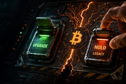 Wall Street shark swallowing Bitcoin symbol to illustrate how Wall Street took over crypto and institutionalized digital assets