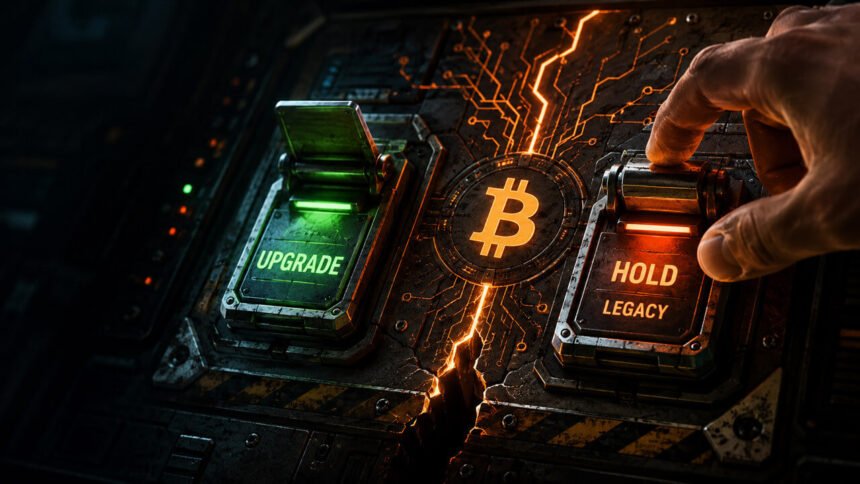 Wall Street shark swallowing Bitcoin symbol to illustrate how Wall Street took over crypto and institutionalized digital assets
